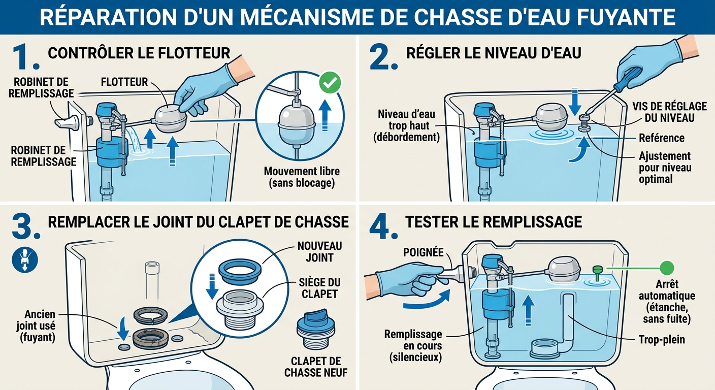 Régler et entretenir le mécanisme d'une chasse d'eau.